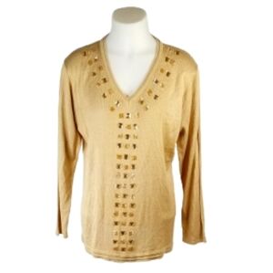 Jenny Tan Gold Embellished V-Neck  Sweater Top Sz XL